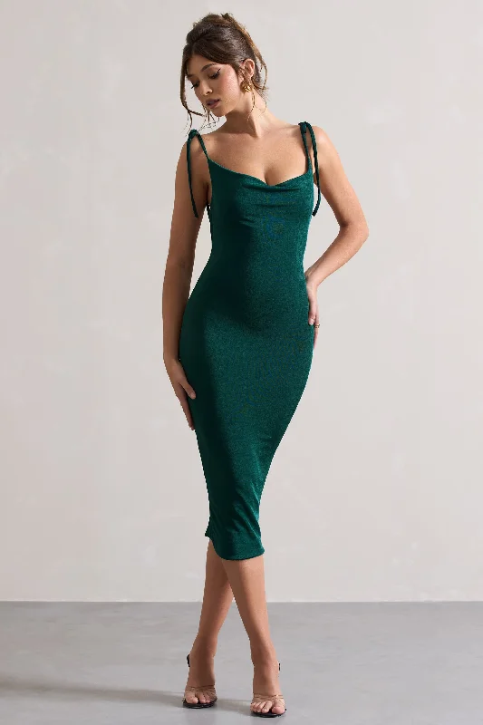 Women's bodycon dress wet glow -Irina | Bottle Green Cowl-Neck Bodycon Midi Dress