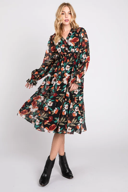 ladies-floral-dress-light-lily-Black Floral Ruffle V-Neck Dress