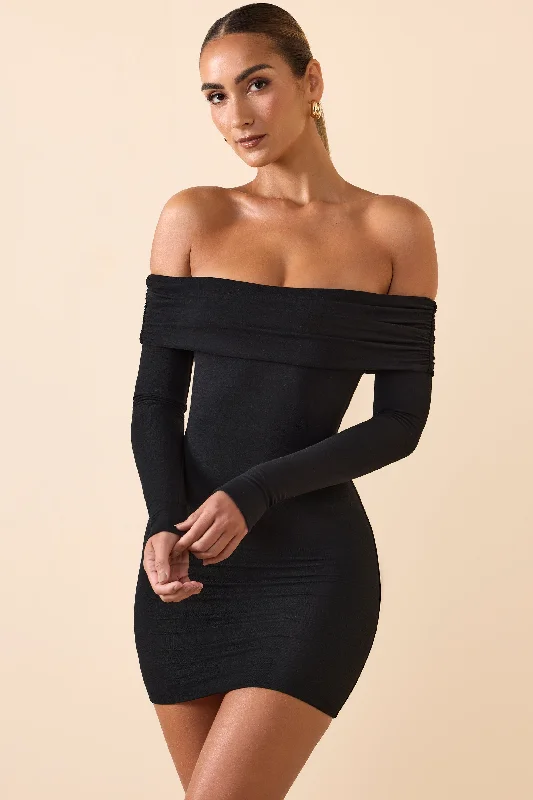 Women's mini dress low flair -Modal Off-Shoulder Mini Dress in Black