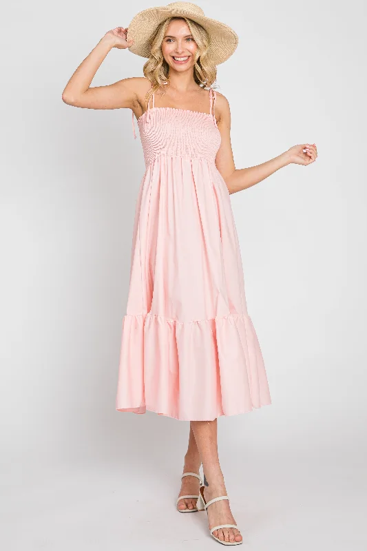 ladies-midi-dress-loose-luxe-Pink Smocked Shoulder Tie Midi Dress