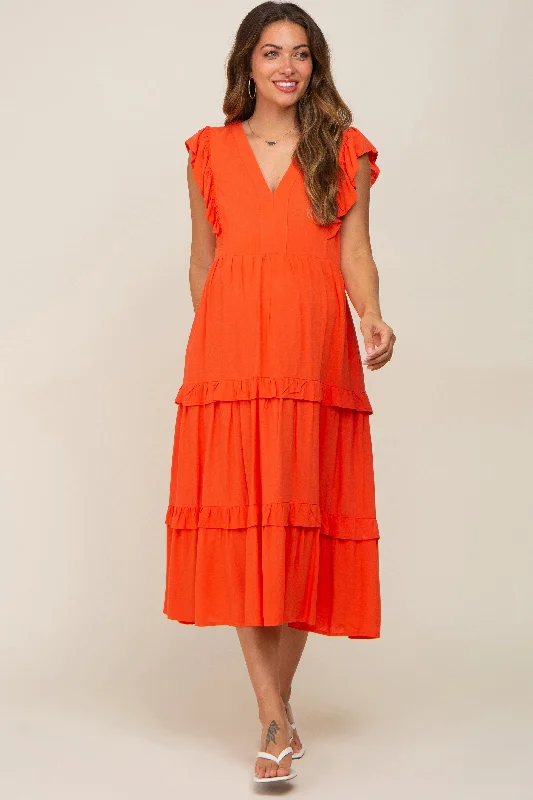 ladies-midi-dress-fringe-flair-Orange Ruffle Accent Tiered Maternity Midi Dress