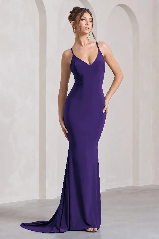 ladies-maxi-dress-pleated-prance-Lucky Number | Purple Cross Back Fishtail Maxi Dress