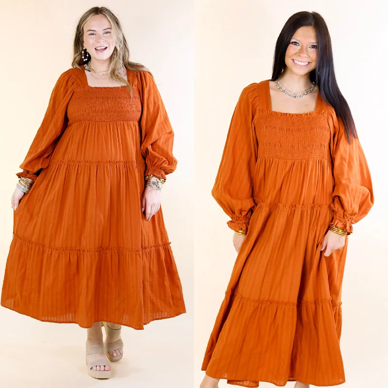 ladies-midi-dress-90s-nostalgia-Sunshine And Cider Long Sleeve Tiered Midi Dress in Rust Orange