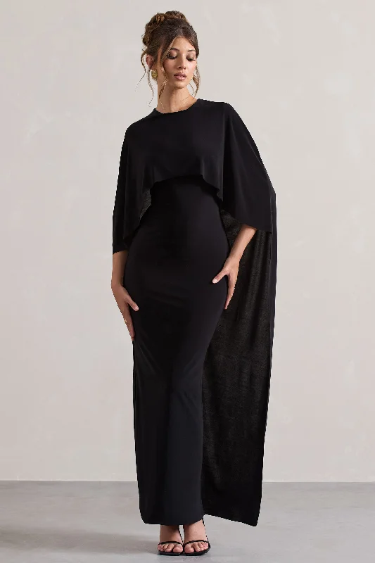 ladies-maxi-dress-celeb-chic-Palena | Black Draped Maxi Dress With Cape Sleeves