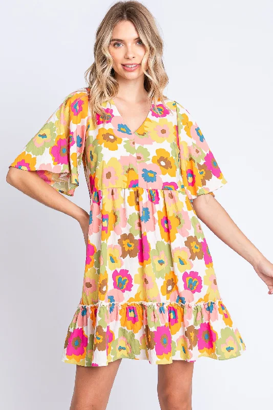 Women's mini dress still chic -Floral V-Neck Ruffle Trim Mini Dress