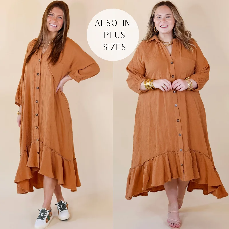 ladies-midi-dress-autumn-aura-New England Nights Button Up Ruffle Hem Midi Dress in Camel