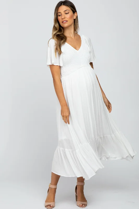 ladies-midi-dress-flattering-flow-Ivory Smocked V-Neck Maternity Midi Dress