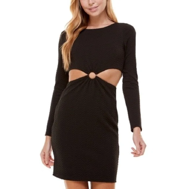 Women's party dress tight hem -City Studios Women's Stretch Long Sleeve Jewel Neck Short Party Body Con Dress Black Size Small