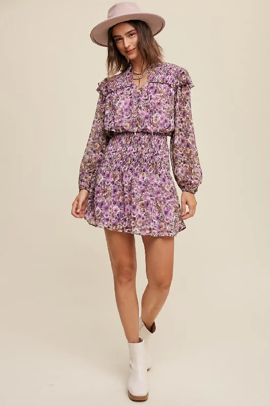 ladies-floral-dress-brunch-bloom-Violet Floral Print Ruffle Smocked Dress