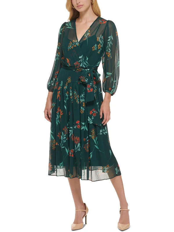 ladies-floral-dress-elastic-essence-Womens Chiffon Floral Wrap Dress