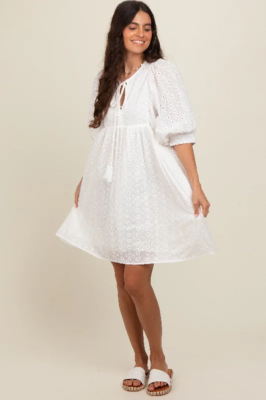 ladies-floral-dress-casual-charm-White Floral Eyelet Puff Sleeve Dress