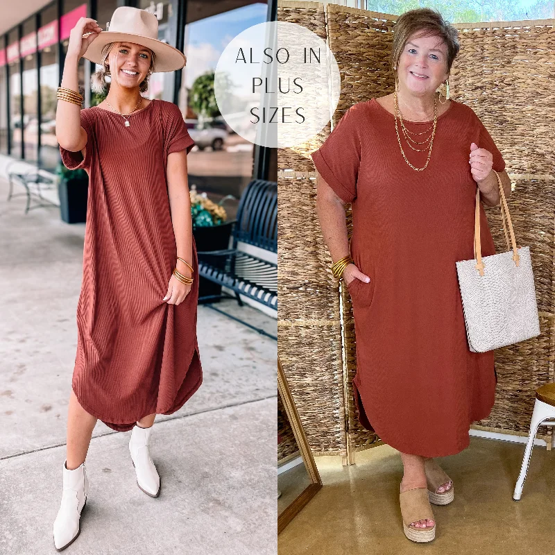 ladies-midi-dress-slit-sway-Chill Looks Short Sleeve Thin Ribbed Midi Dress in Cinnamon Red