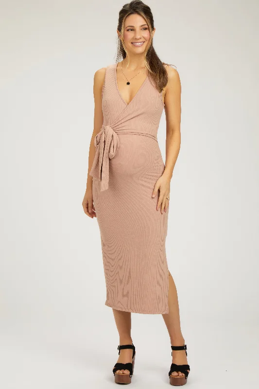 ladies-midi-dress-cerulean-charm-Peach Rib Knit Side Tie Maternity Midi Dress