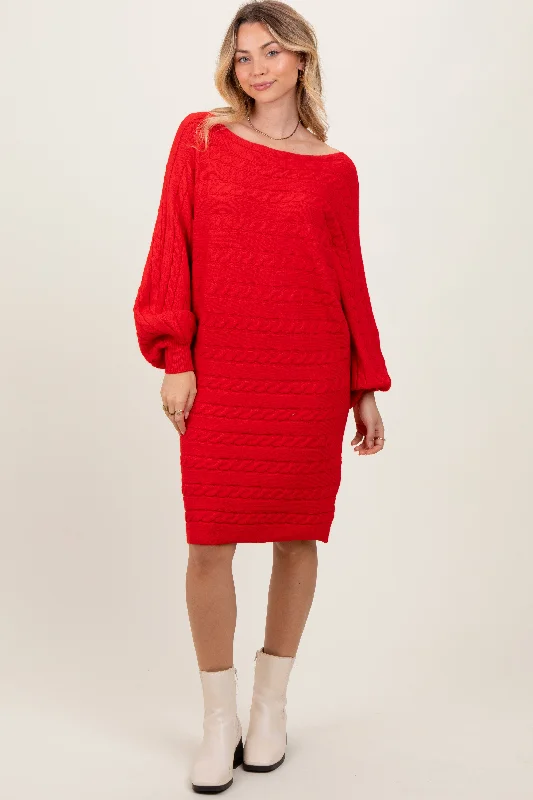 Women's mini dress bare pop -Red Cable Knit Dolman Sleeve Sweater Mini Dress