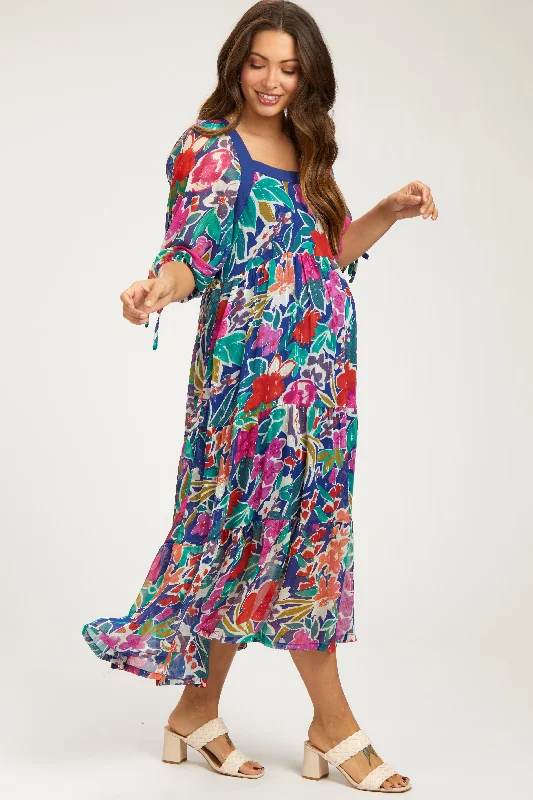 ladies-midi-dress-aqua-aura-Navy Floral Half-Length Sleeve Tie Maternity Midi Dress