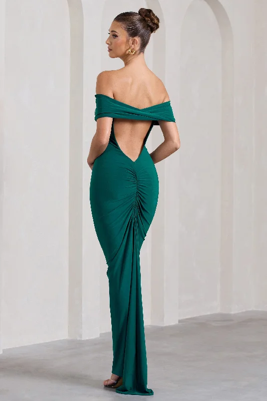 ladies-maxi-dress-playful-petal-Vivienne | Bottle Green Bardot Open-Back Maxi Dress