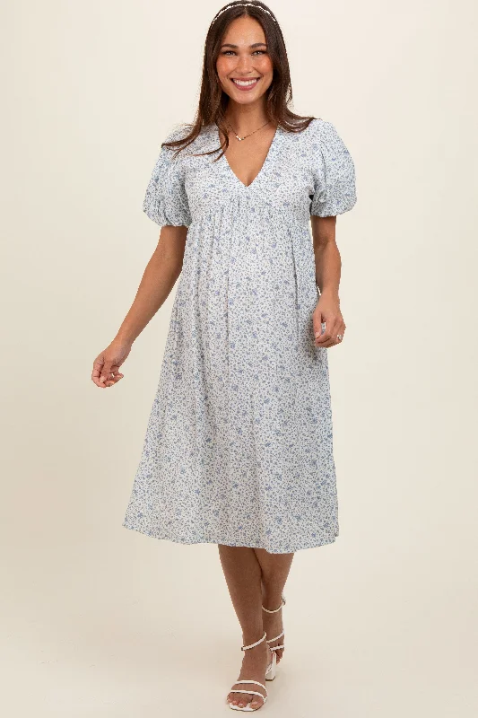 ladies-midi-dress-puff-sleeve-pride-Light Blue Floral Puff Sleeve Maternity Midi Dress