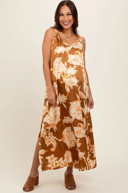 ladies-midi-dress-wine-whisper-Mocha Floral Ruched Strap V-Neck Maternity Midi Dress