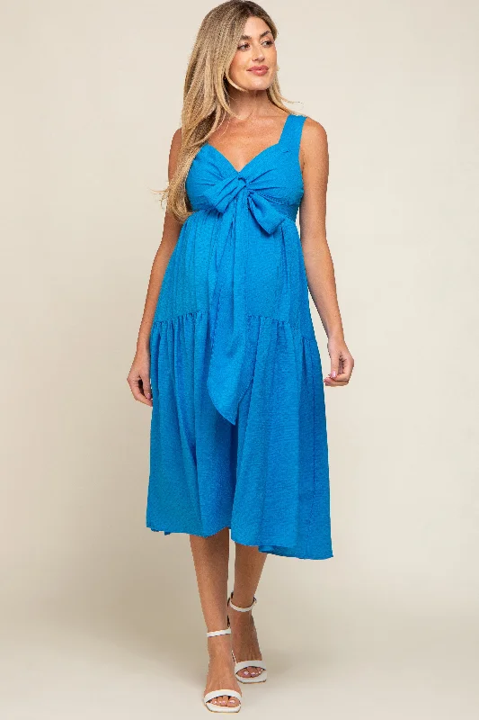 ladies-midi-dress-sheer-sheen-Blue Wrap Front Accent Maternity Midi Dress