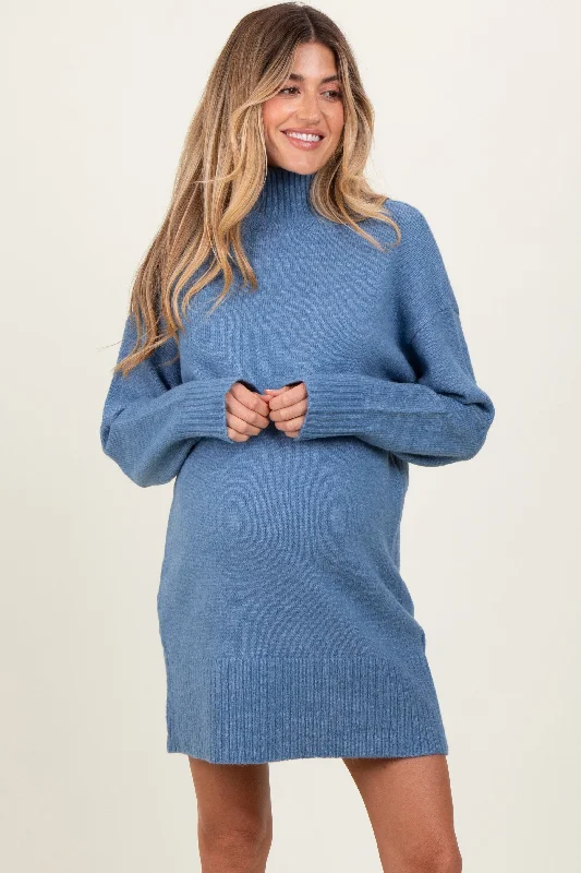 Women's mini dress frill flair -Blue Chunky Knit Turtleneck Maternity Mini Sweater Dress