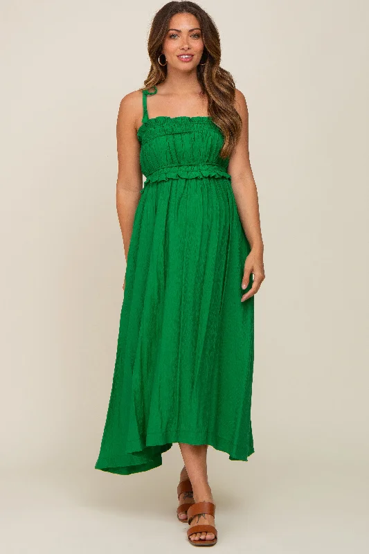 ladies-midi-dress-sophisticated-sway-Green Shirred Shoulder Tie Maternity Midi Dress