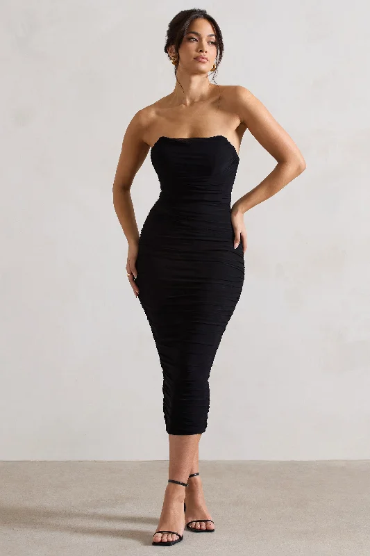 Women's bodycon dress wild flair -Nylah | Black Ruched Corset Bodycon Midi Dress