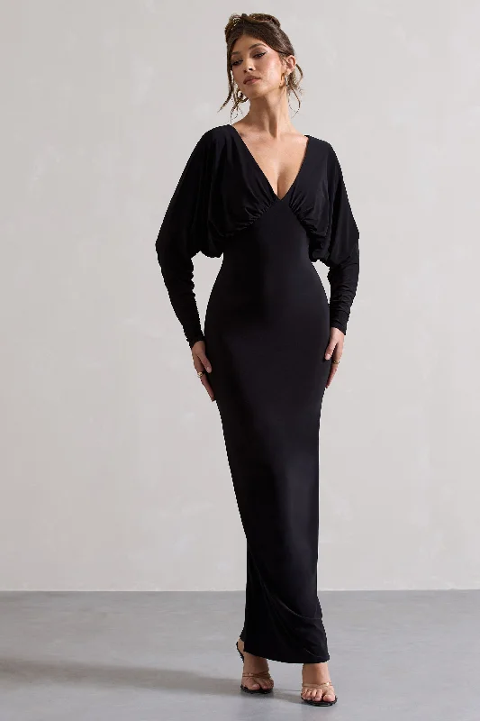 ladies-maxi-dress-glitter-glow-Ruth | Black Draped Plunge-Neck Maxi Dress