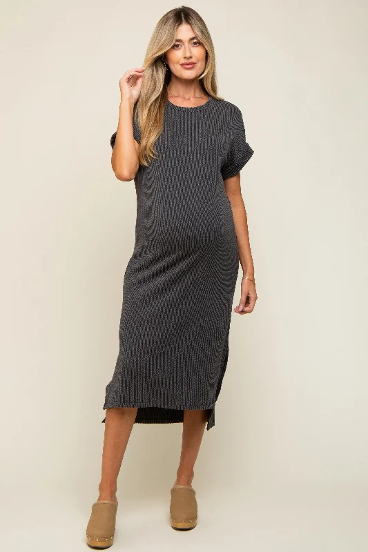 ladies-midi-dress-holiday-hue-Charcoal Ribbed Short Sleeve Maternity Midi Dress