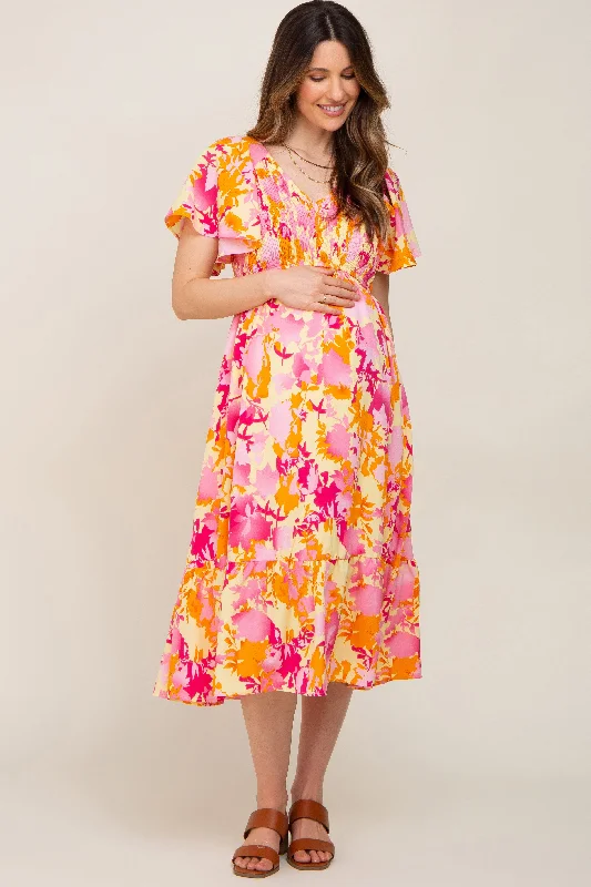 ladies-midi-dress-rose-rush-Yellow Print Smocked V-Neck Maternity Midi Dress