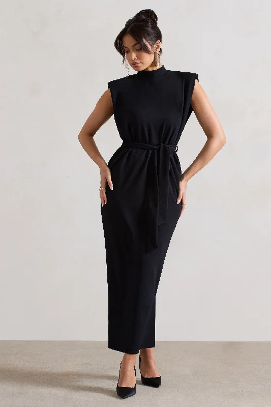 ladies-maxi-dress-sepia-sweep-Abbie | Black High-Neck Maxi Dress With Tie Waist