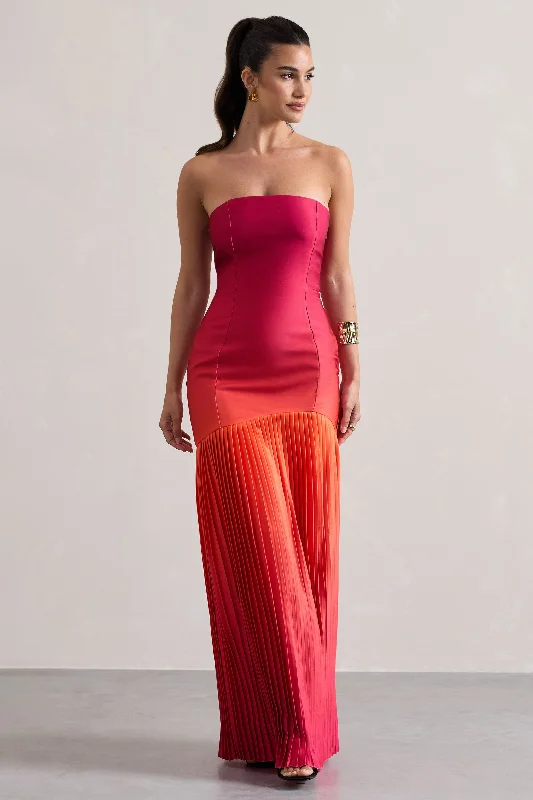 ladies-maxi-dress-runway-ripple-California | Pink & Orange Ombre Bandeau Plisse Maxi Dress