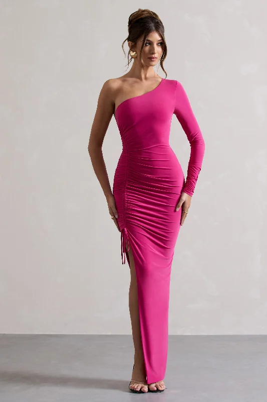 ladies-maxi-dress-dainty-dusk-Anima | Dark Pink Asymmetric Ruched One-Sleeve Maxi Dress