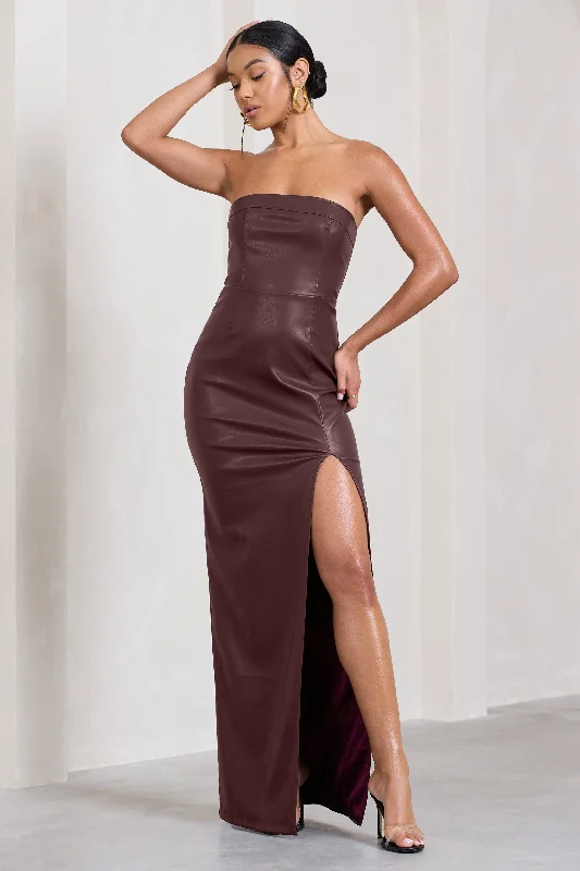 ladies-maxi-dress-feminine-fable-Marlene | Burgundy Faux Leather Strapless Bandeau Split Maxi Dress