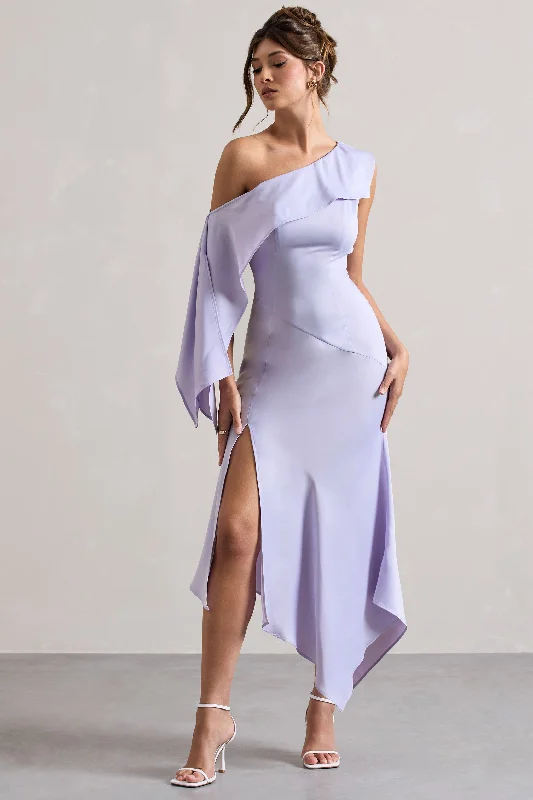 ladies-maxi-dress-subtle-sweep-Freesia | Lilac Satin Asymmetric Draped Split Maxi Dress