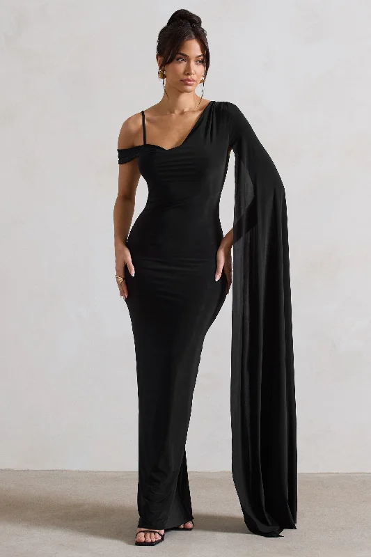 ladies-maxi-dress-navy-nimbus-Pedra | Black One Shoulder Cape Sleeve Draped Maxi Dress