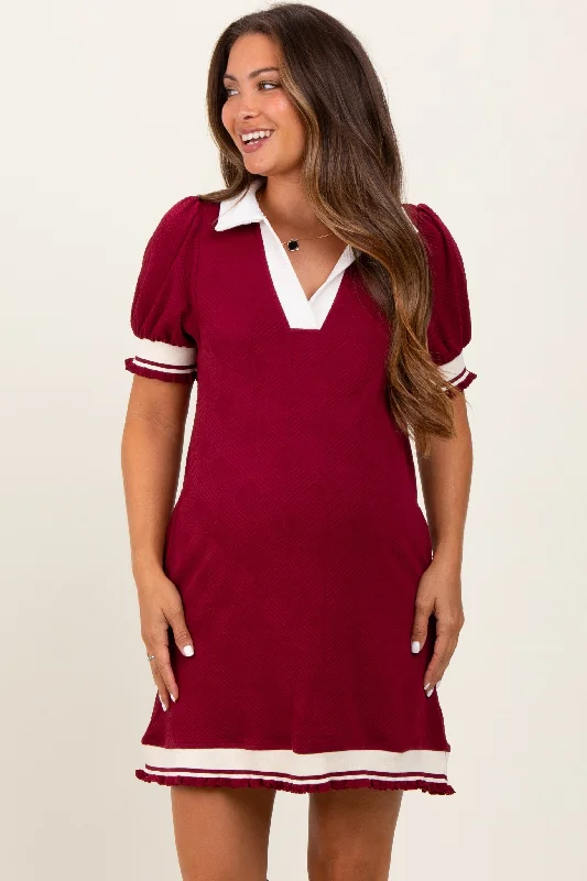 Women's mini dress surf pop -Burgundy Knit Contrast Trim Collared Maternity Mini Dress