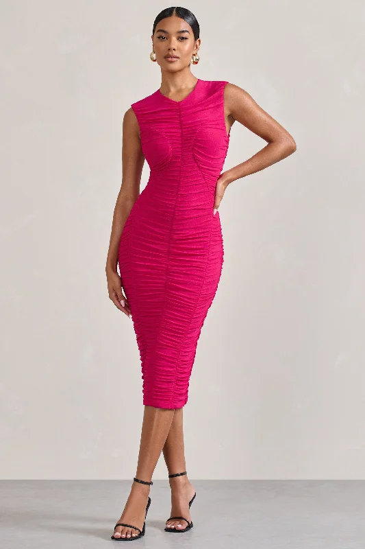 Women's bodycon dress short glow -Alight | Fuchsia Pink Ruched Mesh Sleeveless Bodycon Midi Dress