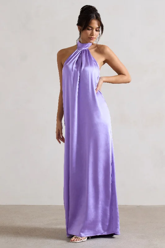 ladies-maxi-dress-flowy-finesse-Gloriana | Lilac Satin High-Neck Maxi Dress