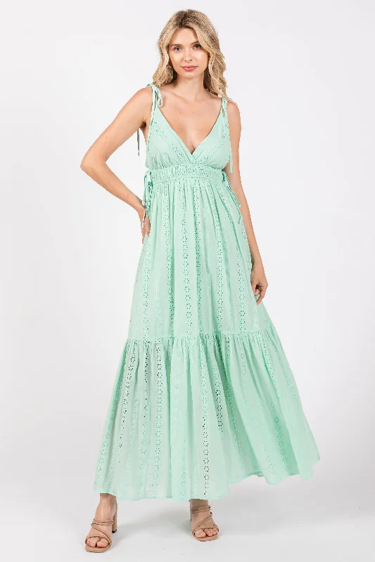 ladies-floral-dress-flowy-fern-Mint Green Floral Eyelet Shoulder Tie Dress