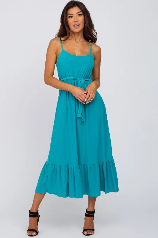 ladies-midi-dress-turquoise-twirl-Turquoise Waist Tie Ruffle Hem Midi Dress