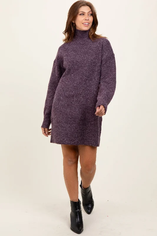 Women's mini dress town glow -Purple Chunky Knit Turtleneck Mini Sweater Dress