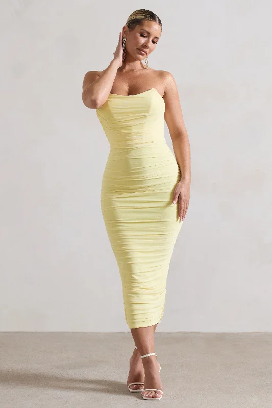 Women's bodycon dress now chic -Nylah | Lemon Ruched Corset Bodycon Midi Dress