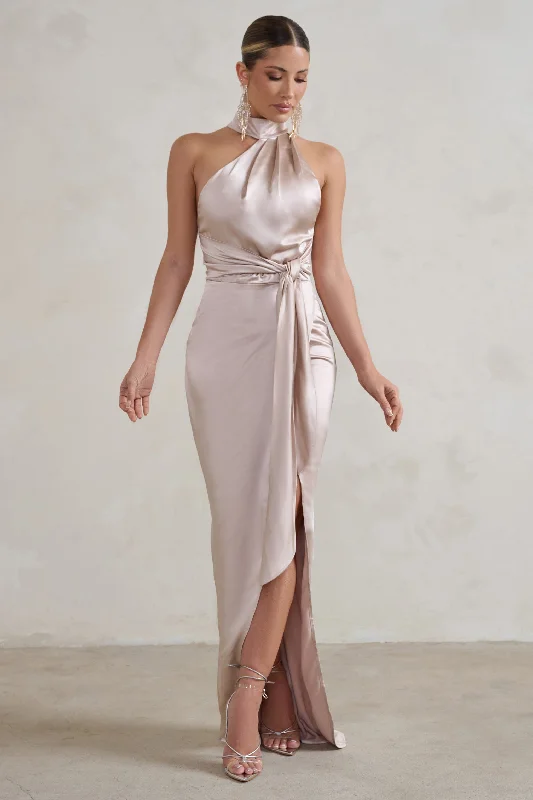 ladies-maxi-dress-comfortable-calm-Tattianna | Champagne Asymmetric Tie Detail High Neck Satin Maxi Dress