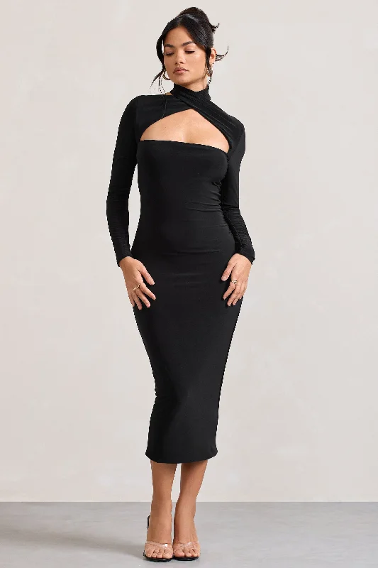 Women's bodycon dress icy chic -High Hopes | Black Halter-Neck Long-Sleeved Bodycon Midi Dress