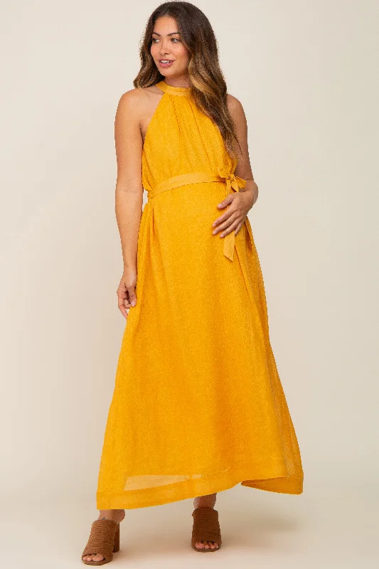 ladies-midi-dress-budget-beauty-Yellow Linen A-line Maternity Midi Dress