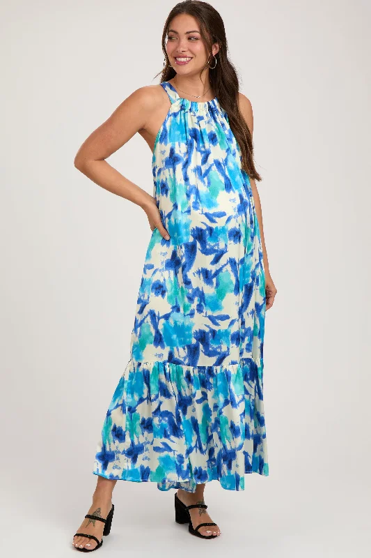 ladies-midi-dress-structured-sweep-Blue Watercolor Print Satin Maternity Midi Dress