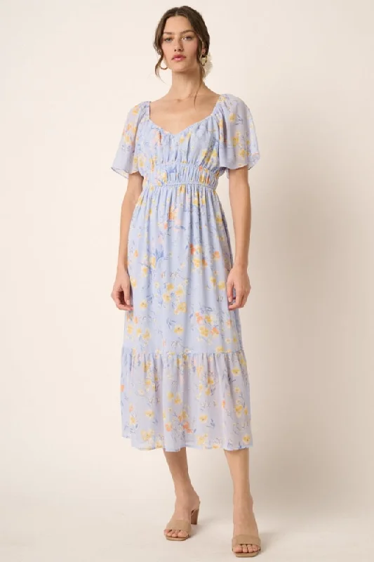 ladies-midi-dress-street-sweep-Blue Flower Print Midi Dress