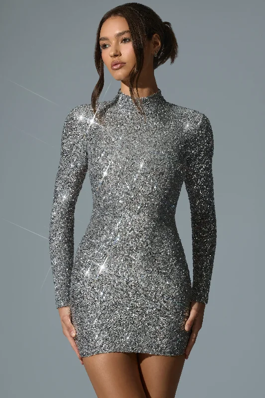 Women's mini dress flow chic -Embellished Open-Back Mini Dress in Silver