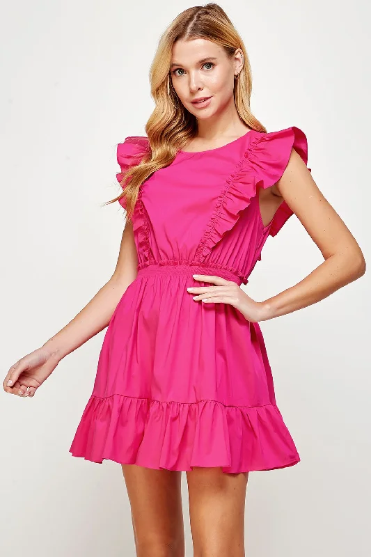 Women's mini dress weave glow -Fuchsia Back Tie Detail Ruffled Sleeveless Mini Dress