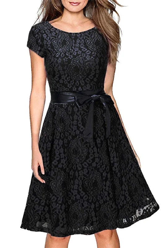 Iyasson Vintage Lace Short Sleeve Mini Dress